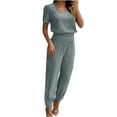 thumbnail image 1 of Ensemble 2 Pcs pour Femmes Été Col Uni Manches Courtes Blouse Haut + Pantalon Ample avec Poches, 1 of 6