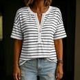 thumbnail image 4 of Aezemi Women Striped Button Shirts Pullover Loose Fit Short Sleeve Summer Daily Home Fashion Tees Baggy Outdoor Work Walking All Match Soft Casual Tops M, 4 of 7