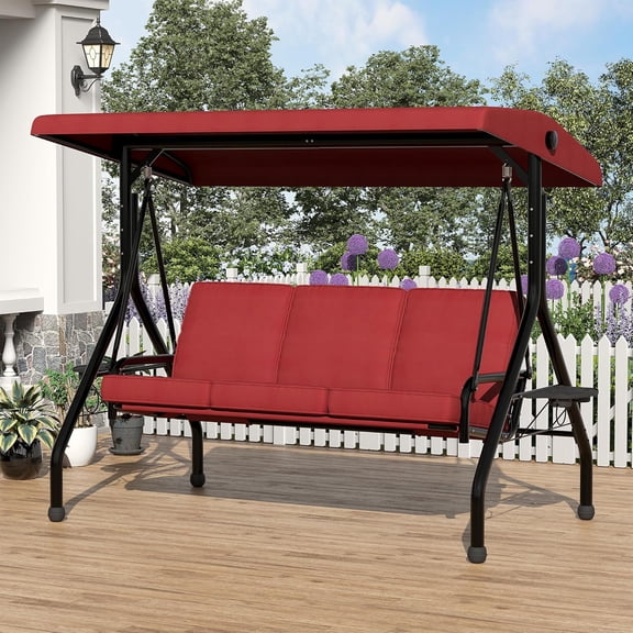 3 Seat Outdoor Porch Swing, 2-in-1 Patio Swing Chair with Thickened Removable Cushions, Adjustable Canopy ＆ Cup Holders, Outdoor Swing with Weather Resistant Steel Frame for Backyard, Porch, Garden