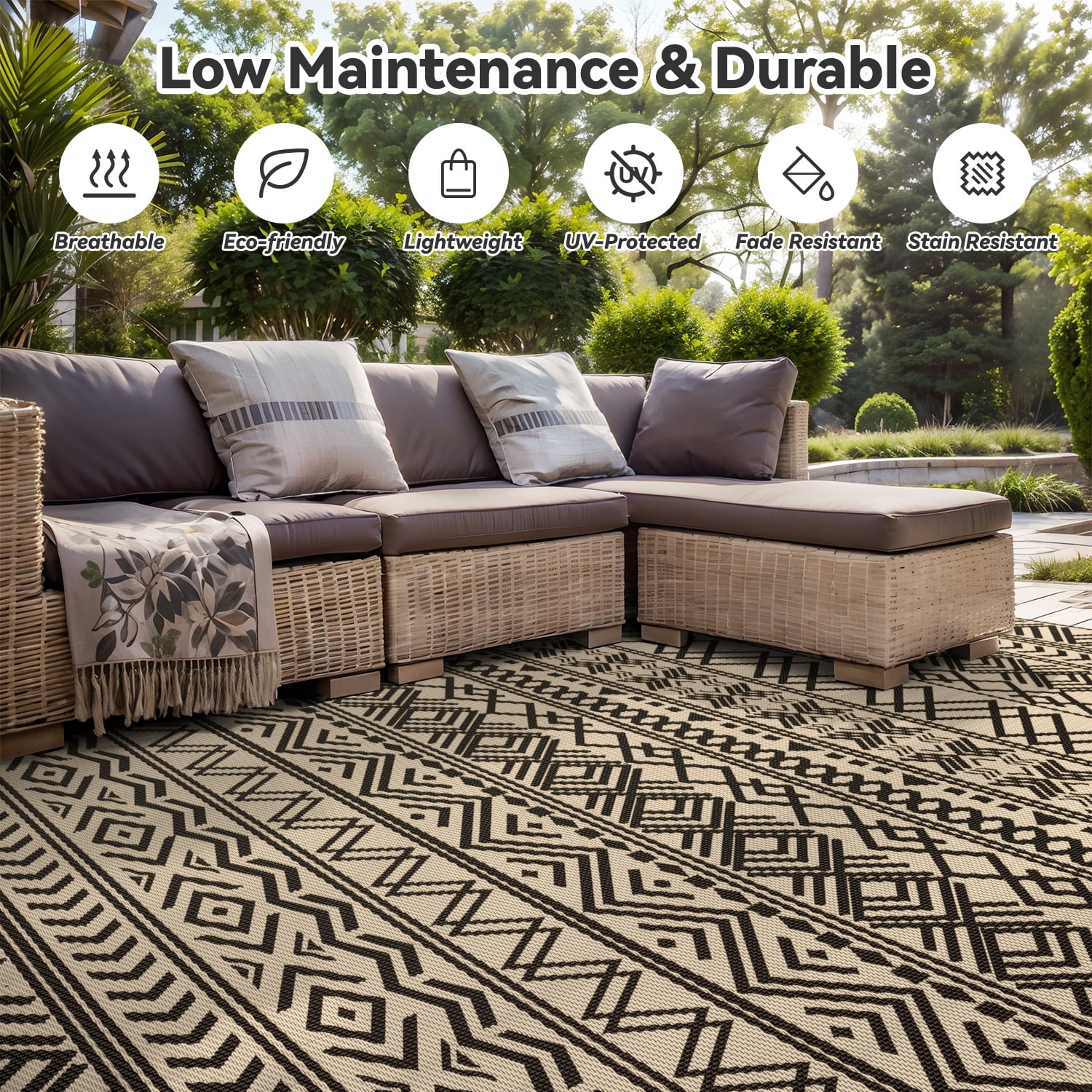 SIXHOME Outdoor Rug 5'x8' Waterproof Reversible Patio Rug Boho Geometric Indoor Outdoor Rugs Lightweight Plastic Straw Ourdoor Carpet for RV Camping Deck Balcony Modern Porch Decor Black and Beige