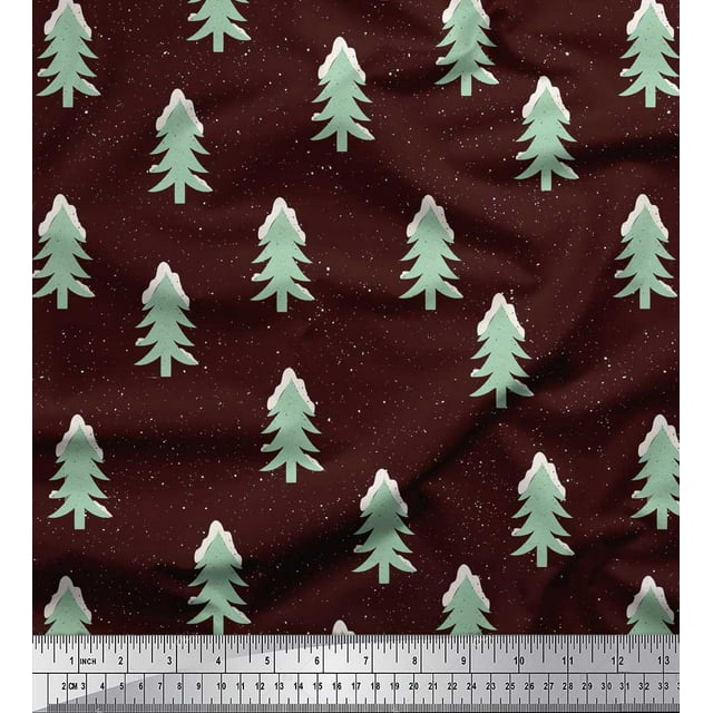 Soimoi Brown Modal Satin Fabric Christmas Tree Print Sewing Fabric Yard 42 Inch Wide