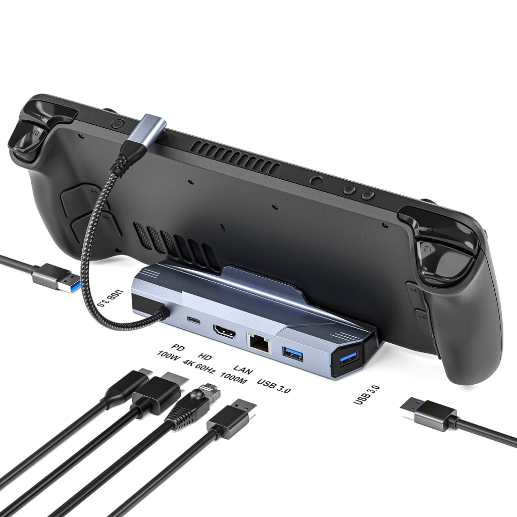 Portable 6 in 1 USB C Hubs for SteamDeck ROG with USB A USB C 4K Video Output and Gigabit Ethernet