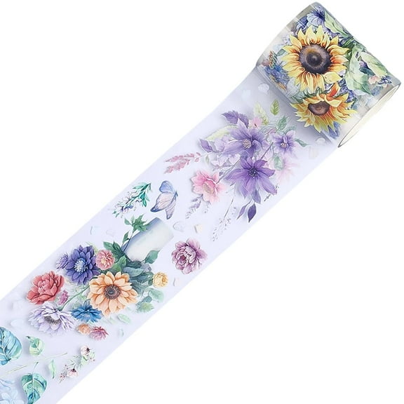 2.19Ydsx2.36In PET Tape Sunflower Clear Flower Floral Journal Scrapbooking Decorative Stickers Original Vintage DIY Handbook Crafts Collage Gift Wraping for Diary Art Planner Supplies 1roll