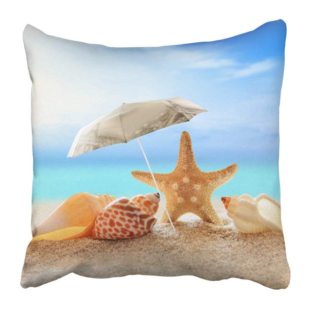 Funda de almohada Acuática ABPHQTO Playa Azul y Sombrilla Conchas y Estrellas de Mar 50x50 cm
