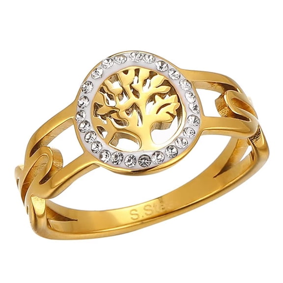 PAMTIER Women's Stainless Steel Cubic Zirconia Hollow Round Tree of Life Ring Gold Size 7