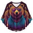 thumbnail image 4 of Stylish Bear In Sunglasses Women's V-Neck Blouse With 3/4 Ruffled Bell Sleeves Casual Top Ladies Blouses, 4 of 7