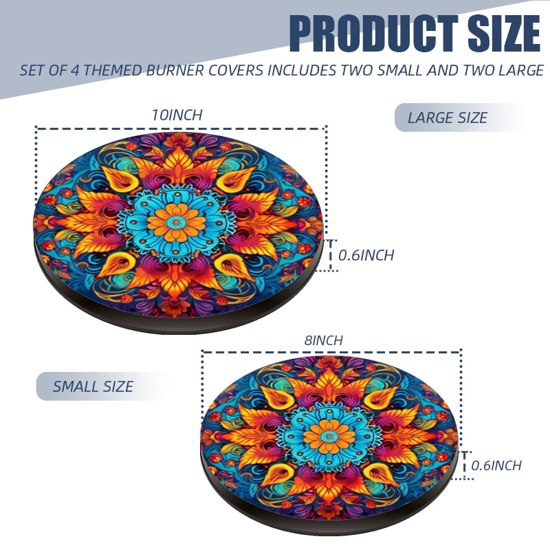 Round Burner Covers for Electric Stove, Mandala with Intricate Floral Metal Durable Burner Covers Set of 4 for Kitchen Cooktop, 8 Inches and 10 Inches