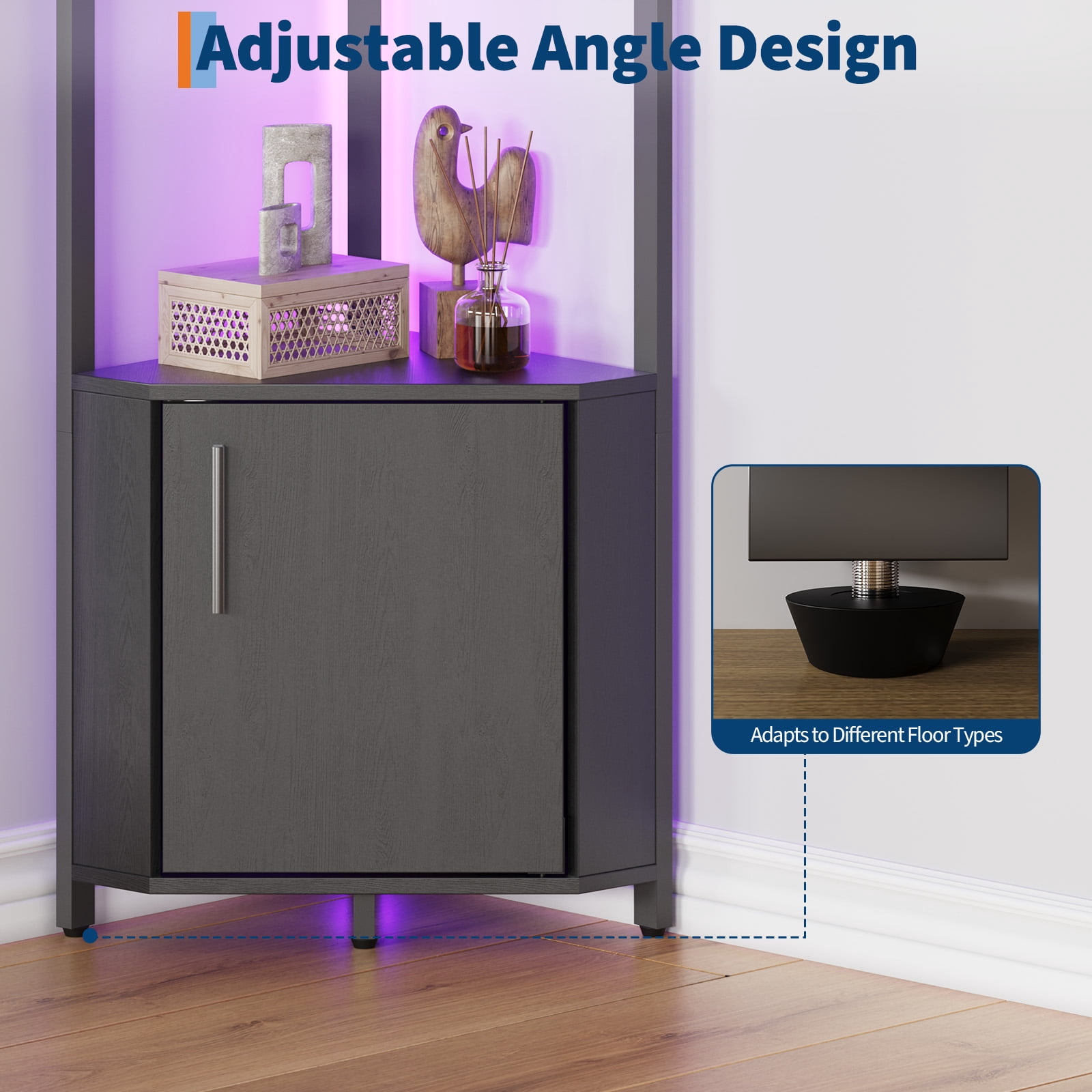 5-Tier Black LED Corner Shelf with Adjustable Brightness – Modern Space-Saving Wall Mounted Bookshelf with Doors & Metal Frame – Lighted Display Organizer for Living Room, Bedroom, Kitchen, Office