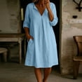 thumbnail image 4 of Odbmxy Fall Women Midi Dress Cotton Linen Long Sleeve Modest Tent V-Neck Tunic Holiday Shift Single Color Women Dresses, 4 of 6