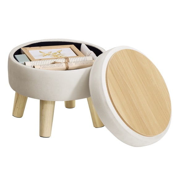 SONGMICS Storage Ottoman, Foot Stool, Round Ottoman with Padded Seat, Foot Rest with Wood Legs, Small Table, 12.2 Inches, Velvet, Cream White