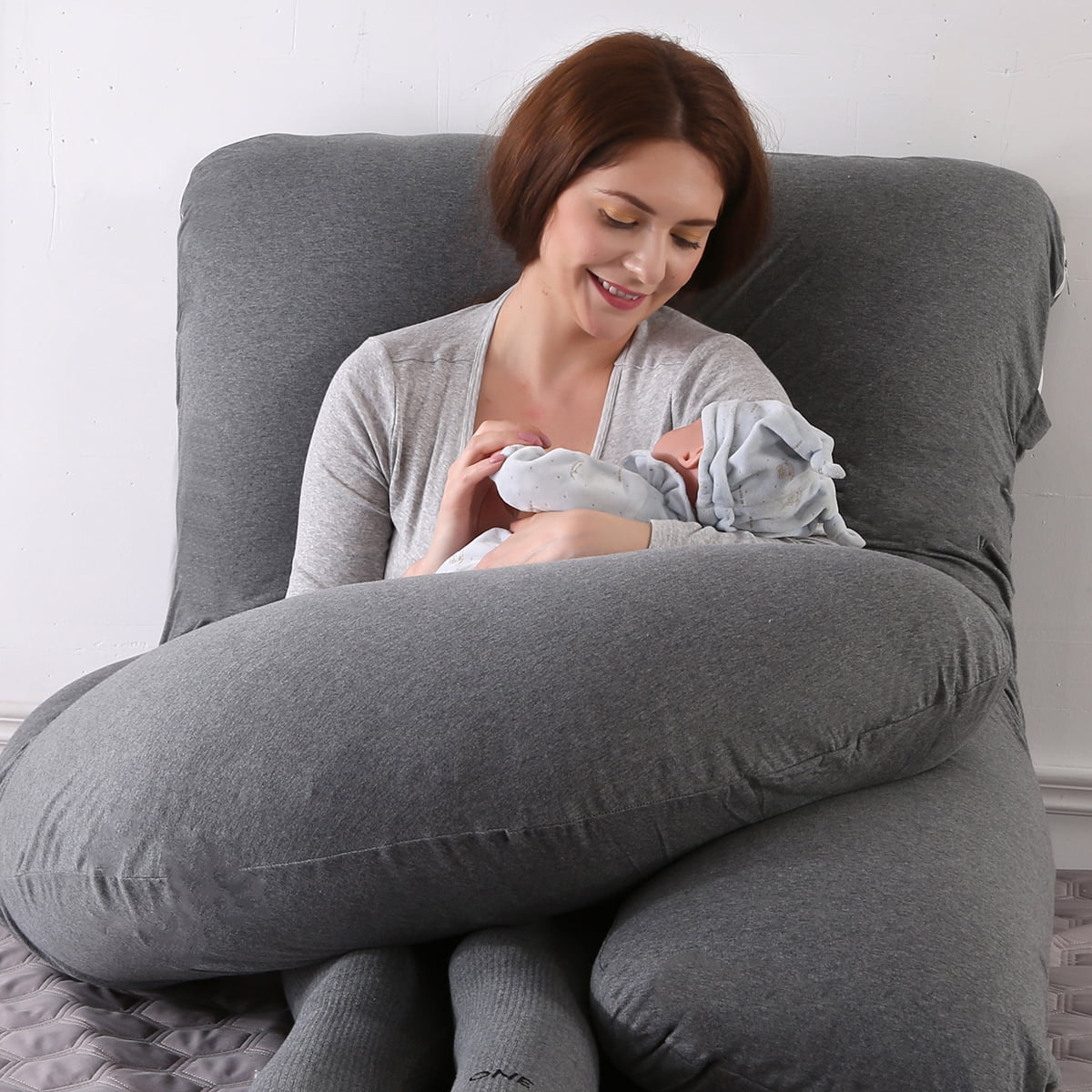 SHANNA 57in Full Body Pillow, Nursing, Maternity and Pregnancy Body Pillow, Extra Large J Shape Pillow and Lounger with Removable Cotton Cover-Dark Gray