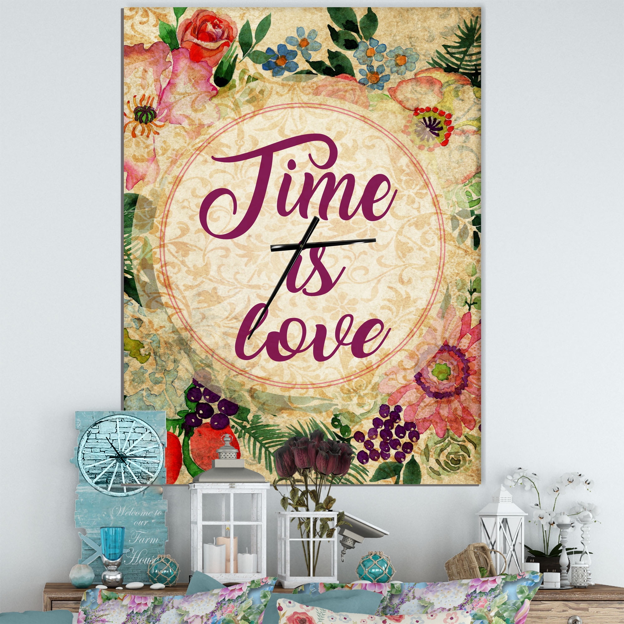 Designart 'Time is Love Pink Floral' Vintage Wall Clock