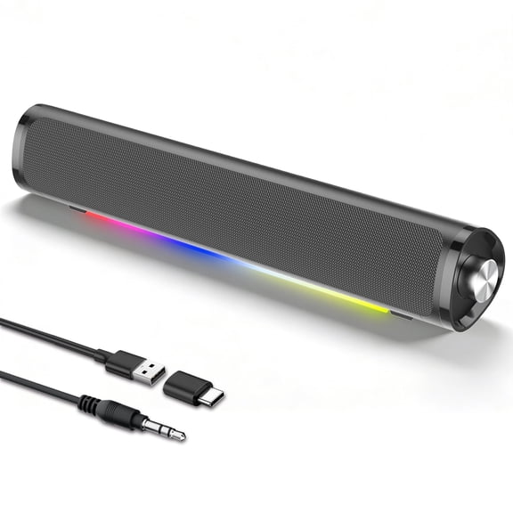 Bluetooth Computer Speakers, 3.5mm PC Sound Bar for Desktop Monitor, Deep Bass 3.0 USB Powered for Computer Bluetooth Speaker, Colorful LED Lights with Switch Button, Surround Sound PC Spearkers