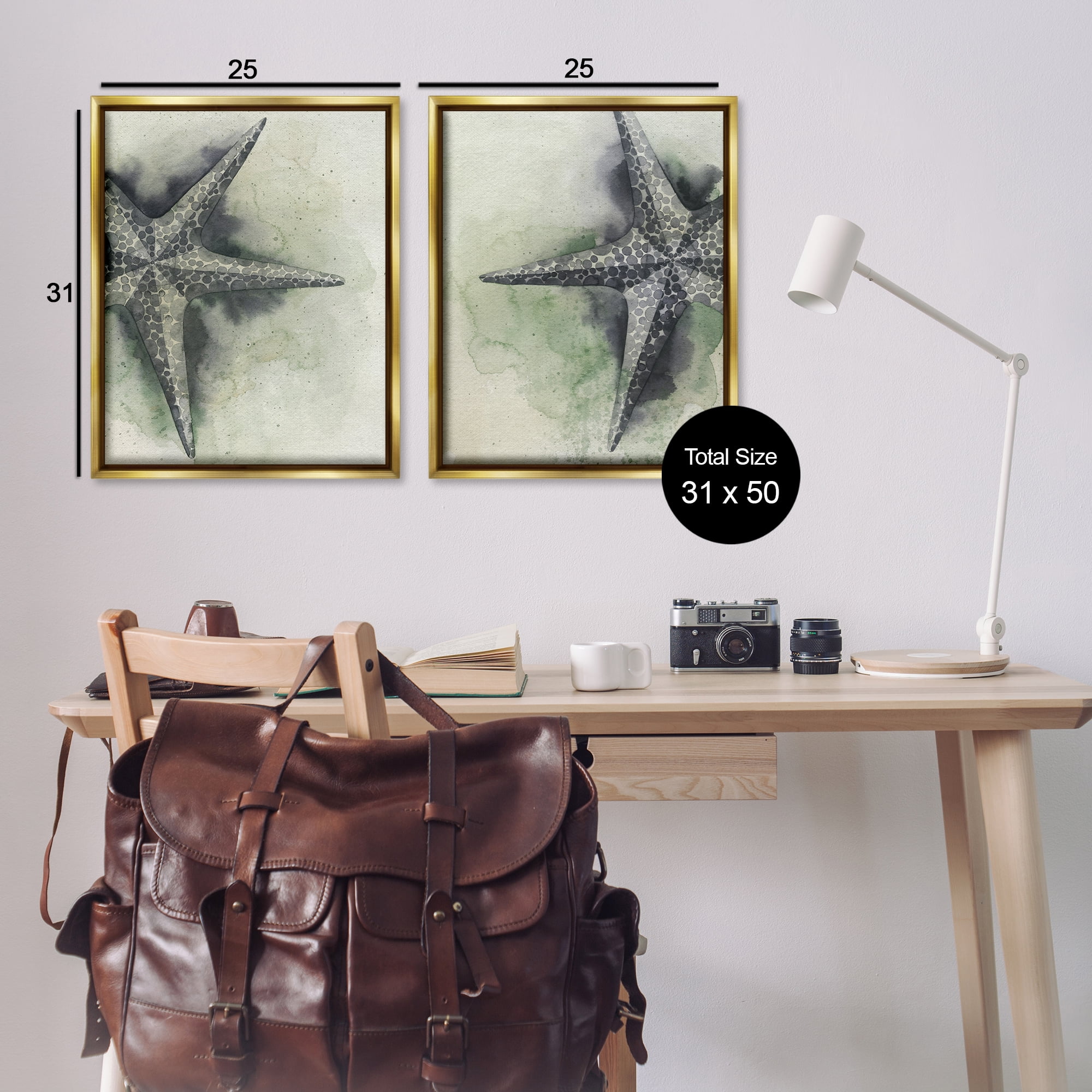 Stupell Industries Detailed Starfish Sand Beach Nautical & Beach Painting Gold Floater Framed Canvas Art Print Wall Art, 31 x 25, Set of 2