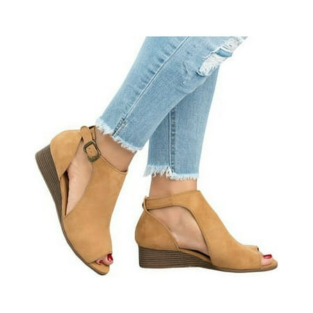 

Womens Summer Peep Toe Sandals Low Wedge Heel Ankle Booties