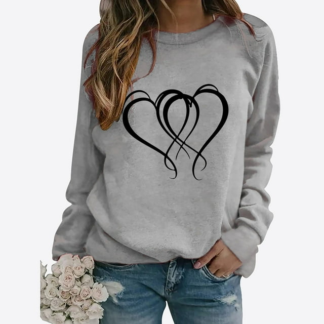 Jsaierl Hauts de la Saint-Valentin pour Femmes T-Shirts Mignons à Imprimé Cœur d'Amour Décontractés à Manches Longues T-Shirts Tendance à Col Rond Blouses 2025