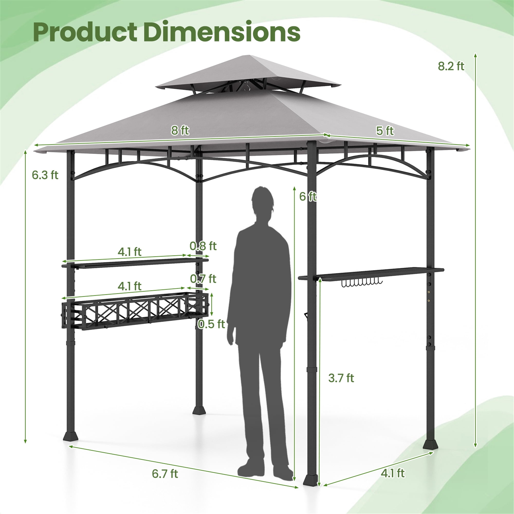 Gymax 8 x 5 FT BBQ Grill Gazebo w/ 2 Side Shelves Storage Basket Hanging Hooks Outdoor