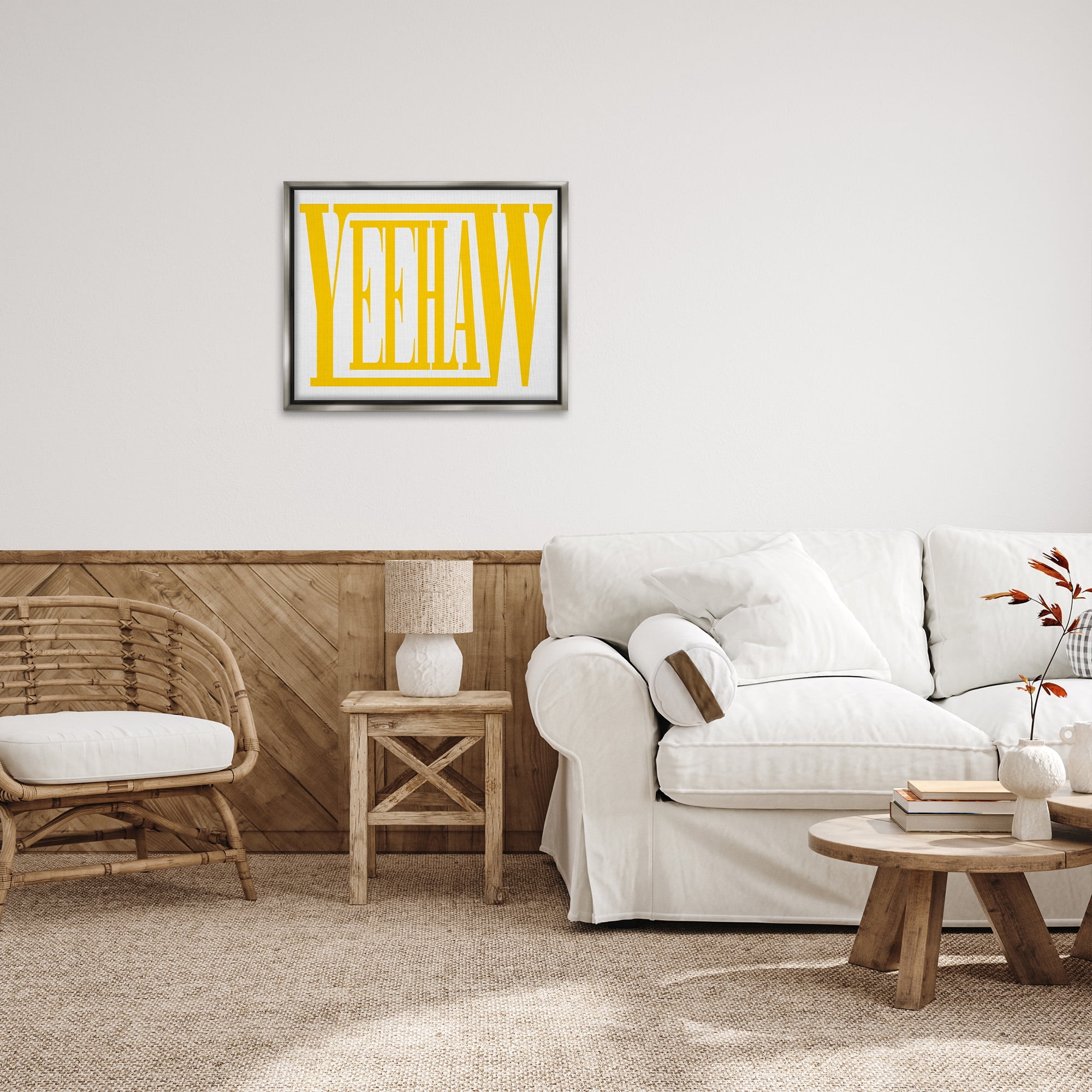 Stupell Industries Yeehaw Yellow Typography Typography Painting Gray Floater Framed Canvas Art Print Wall Art, 31 x 25
