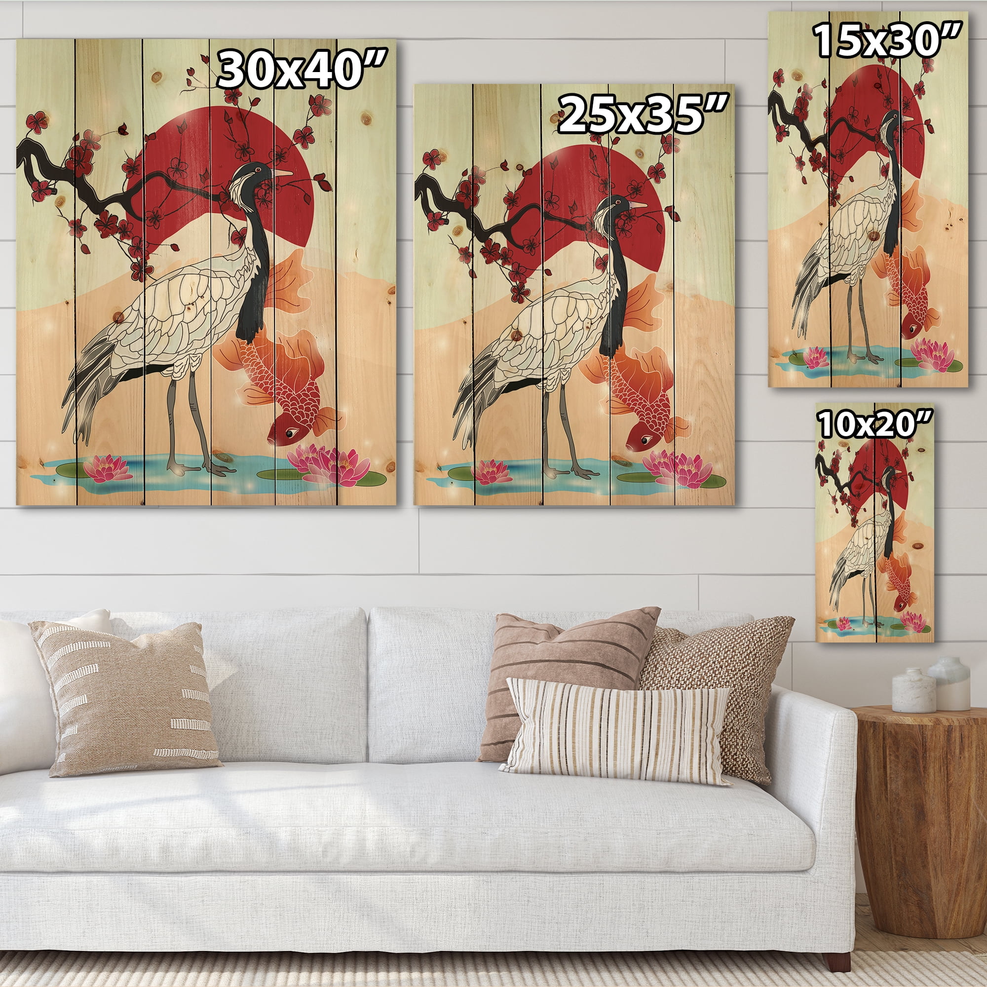 Designart 'Koi Fish With Crane Bird' Farmhouse Print on Natural Pine Wood