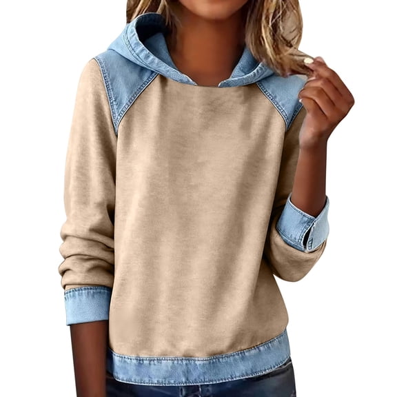 Yigetop Hoodie Sweatshirt for Women Women's Denim Patchwork Hoodies Sweatshirts Cute Long Sleeve Soft Casual Pullover Cute Shirts for Women Beige L