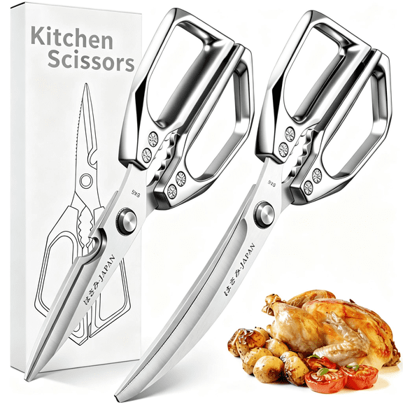 Kitchen Scissors Set Silver - Stainless Steel Kitchen Shear, Sharp Meat Scissors Dishwasher Safe, Heavy Duty Poultry Shears, Japanese Cooking Scissor for Food, Chicken Bones, and Turkey