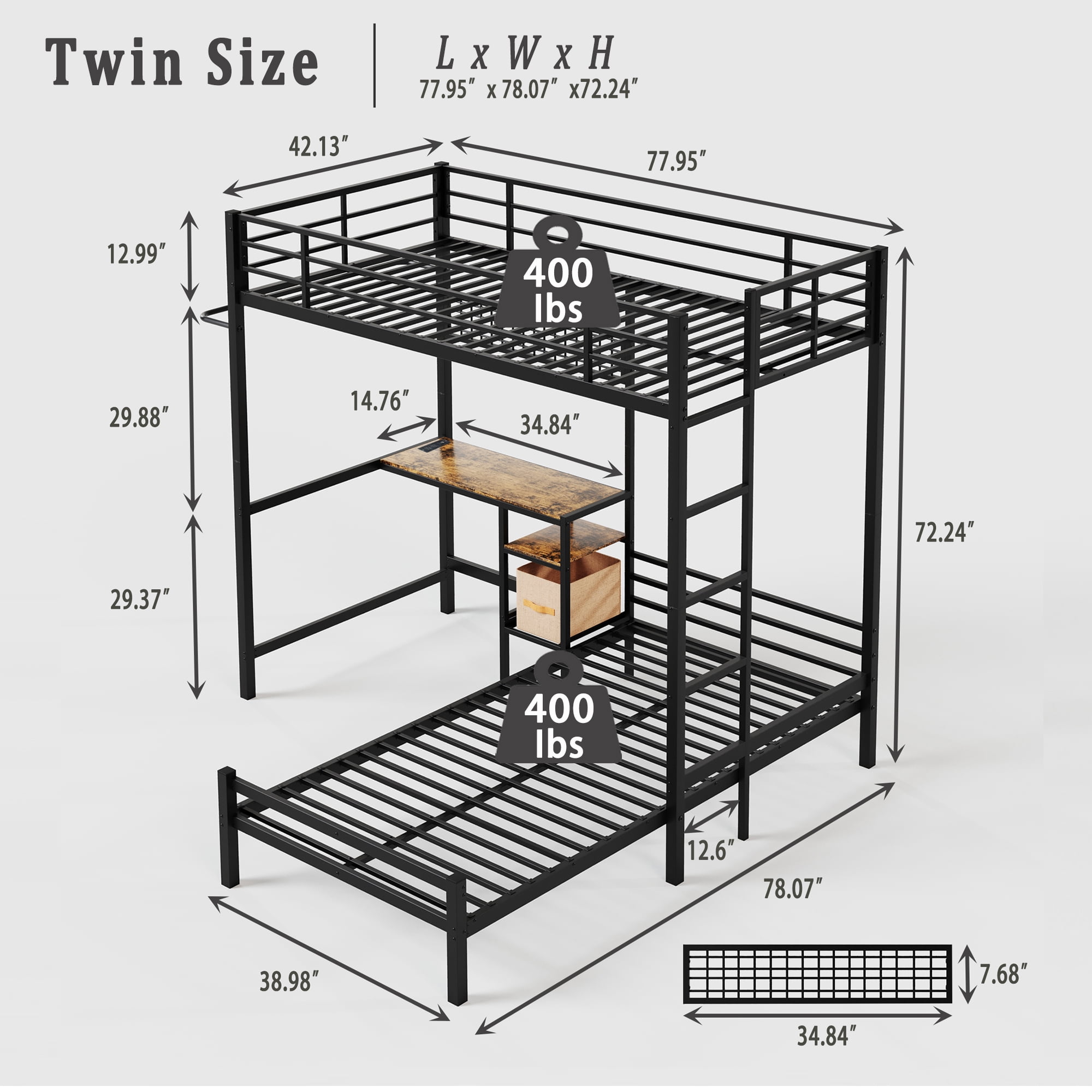 Aukfa Twin over Twin Bunk Bed with Desk, LED Light & Storage Shelves, L-Shaped Metal Bunk Bed for Teens & Kids, Black