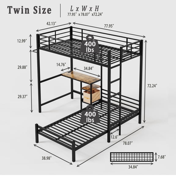 LHKJ Twin over Twin L-Shaped Metal Bunk Bed with Desk, Shelves, Drawers and Guardrails, Black