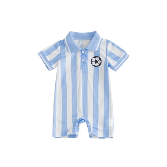 BemeyourBBs Newborn Baby Baby Football Outfit Infant Baby Boys Summer Fall Clothes Football Romper 0 3 6 12 18 Months Striped Soccer Print Short Sleeve Half Button-up Collared Jumpsuit Playsuit