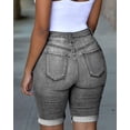 thumbnail image 2 of Pantalones cortos de mezclilla destruidos de mujer, de tiro medio, elásticos, estilo bermuda, gris oscuro, talla mediana., 2 of 5