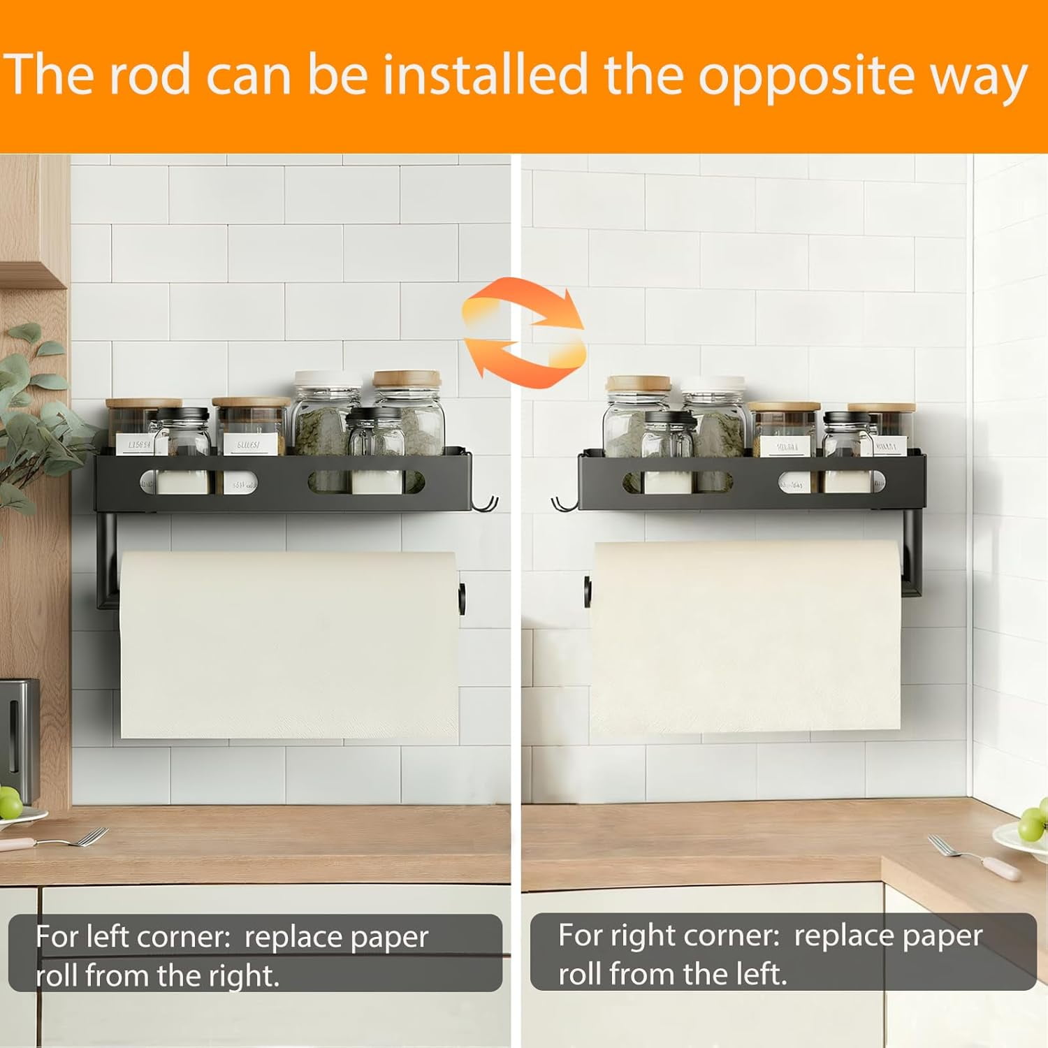 Paper Towel Holder Wall Mount for Kitchen, Paper Towel Holder with Shelf for Bathroom, RV Paper Towel Rack, Spice Rack with 2 Hooks,Matte Black