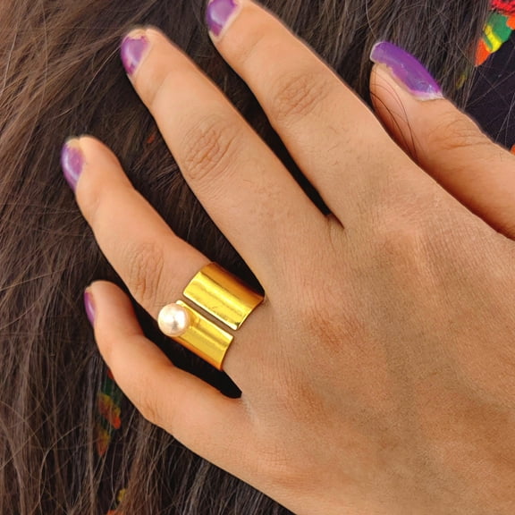 Handmade Brass Gold Pearl Ring Fresh Water Pearl Trinity Rings | Kendra Scott Rings June Birthstone Expandable Rings