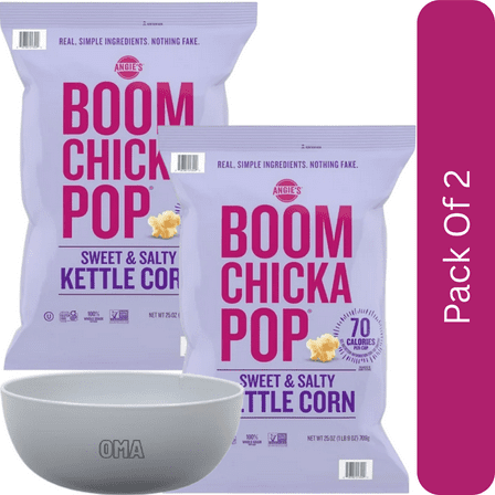 Angie’s BOOMCHICKAPOP Sweet & Salty Kettle Corn, 25 oz-2pk, With Olive White Bowl By OMA