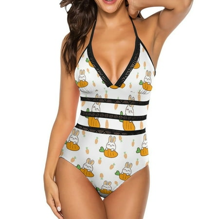 One Piece Swimsuit Women Tummy Control - V Neck Rabbit And Carrot(1) Halter Swim Suits for Women 2025  Padded Full Coverage Bathing Swim Suit for Women