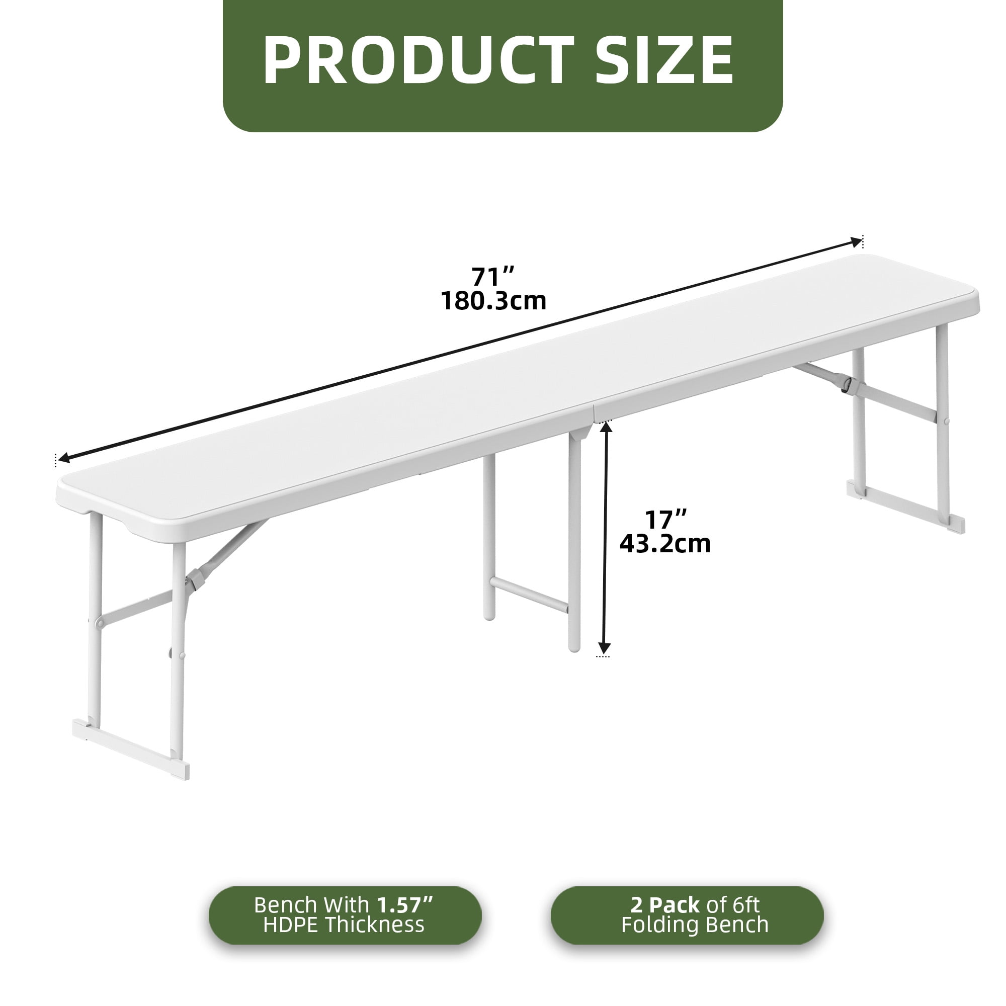 Uforic 2 Pcs 6FT Folding Bench Lightweight Portable Outdoor Bench with Carrying Handle for Dining Camping Picnic BBQ Sports Garden Indoor Outdoor Patio Activities, Whte