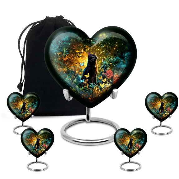 Yatskia Black Cat with Flowers Mini Memorial Urns for Human Ashes Adult Mother and Father, Large Cremation Urn for Ashes Adult, (Heart 8 Inch and 3 Inch)