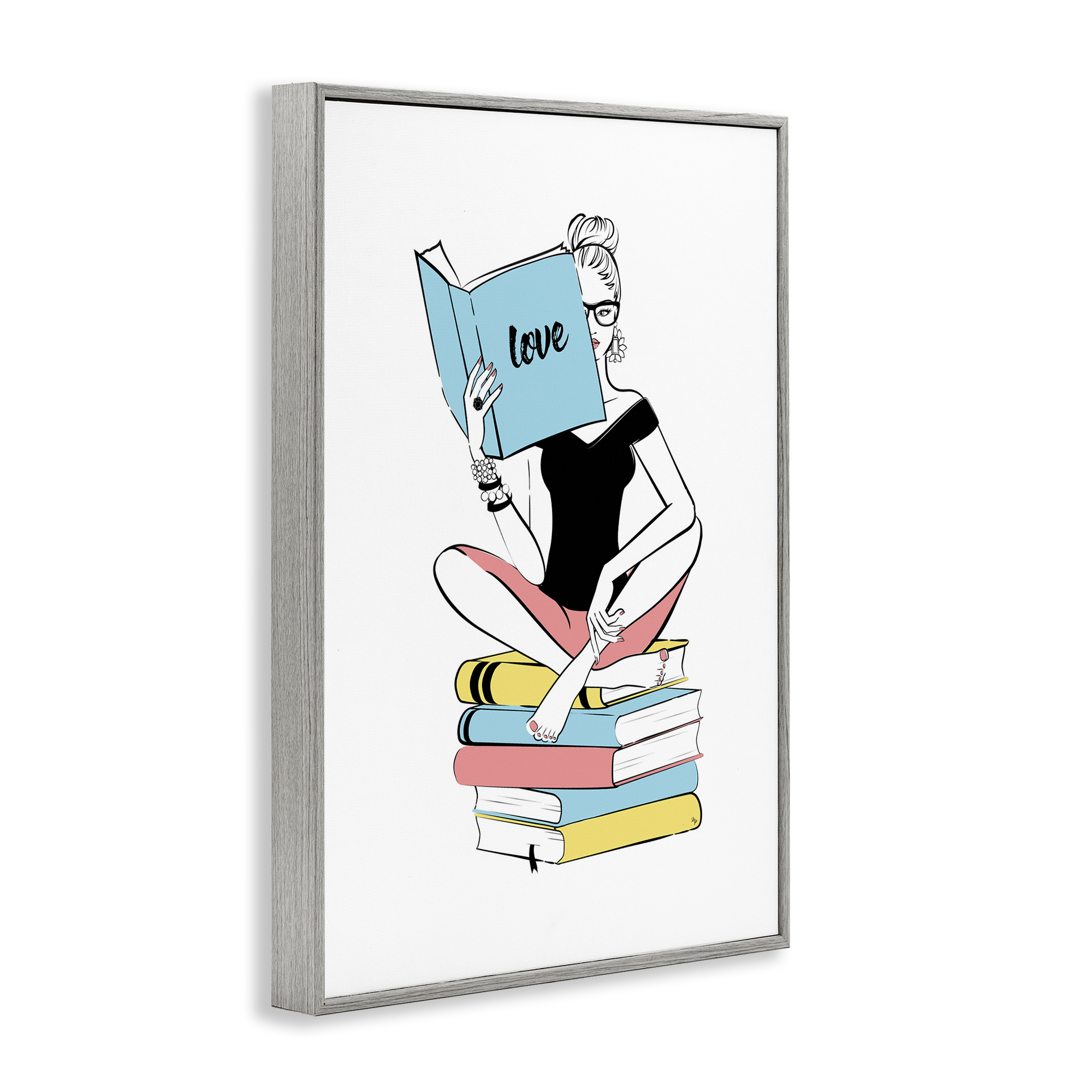 Stupell Industries Book Love Girl Novelty Painting Gray Framed Art Print Wall Art, 20 x 30