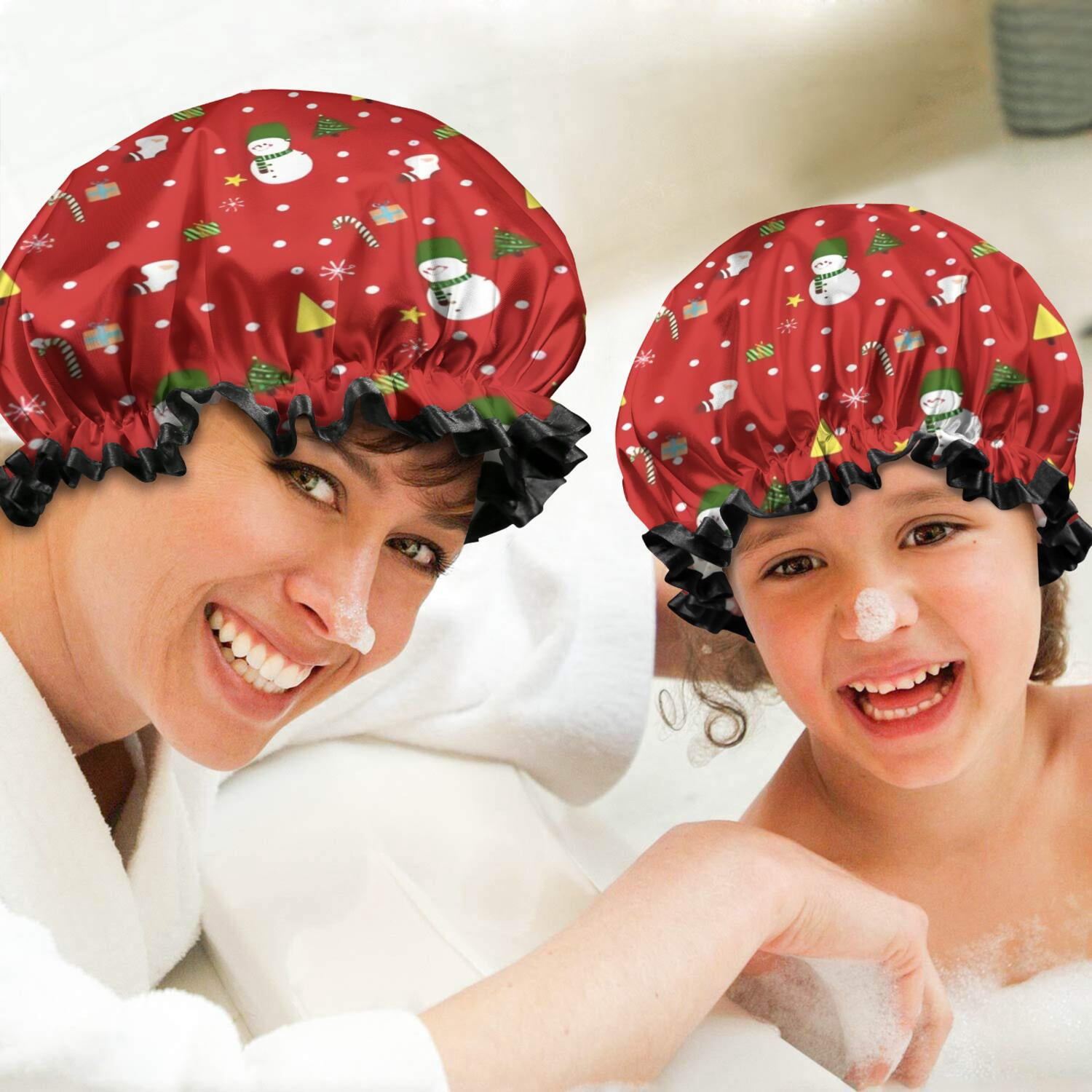 Shower Caps,Red Christmas Snowman Pattern Waterproof Shower Cap for Women 4 Pieces,Double Reusable Hair Cover for Shower PEVA Elastic Stretch Hem