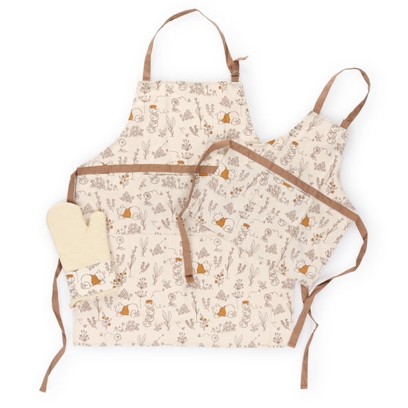 Winnie The Pooh 3-Piece Mommy and Me Apron and Oven Mitt Kitchen Set, 100% BCI Cotton, Non-Slip Grip, Heavy Duty & Durable, Tan & Brown, Disney