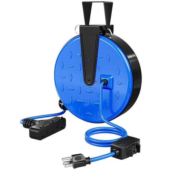 DEWENWILS 30FT Extension Cord Reel, 16/3 Gauge SJTW Power Cord, Retractable Cord Reel with 3 Outlets, Ceiling/Wall Mount for Garage, Workshop, 10A Circuit Breaker, Metal Plate, UL Listed, Blue