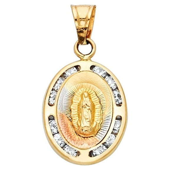 Ioka - 14K Tri Color Gold Religious Our Lady of Guadalupe CZ Charm Pendant For Necklace or Chain