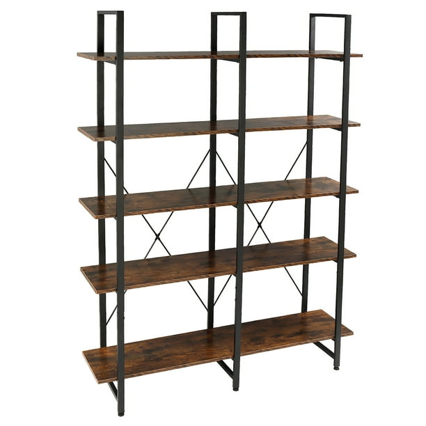 Industrial Bookshelf, Double Wide 5 Tier Vintage Bookcase and