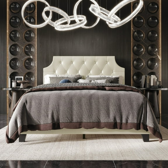 Home Design Mexico Twin Tufted Upholstered Platform Bed with Scooped Headboard and Padded Surface, Champagne, Easy Assembly