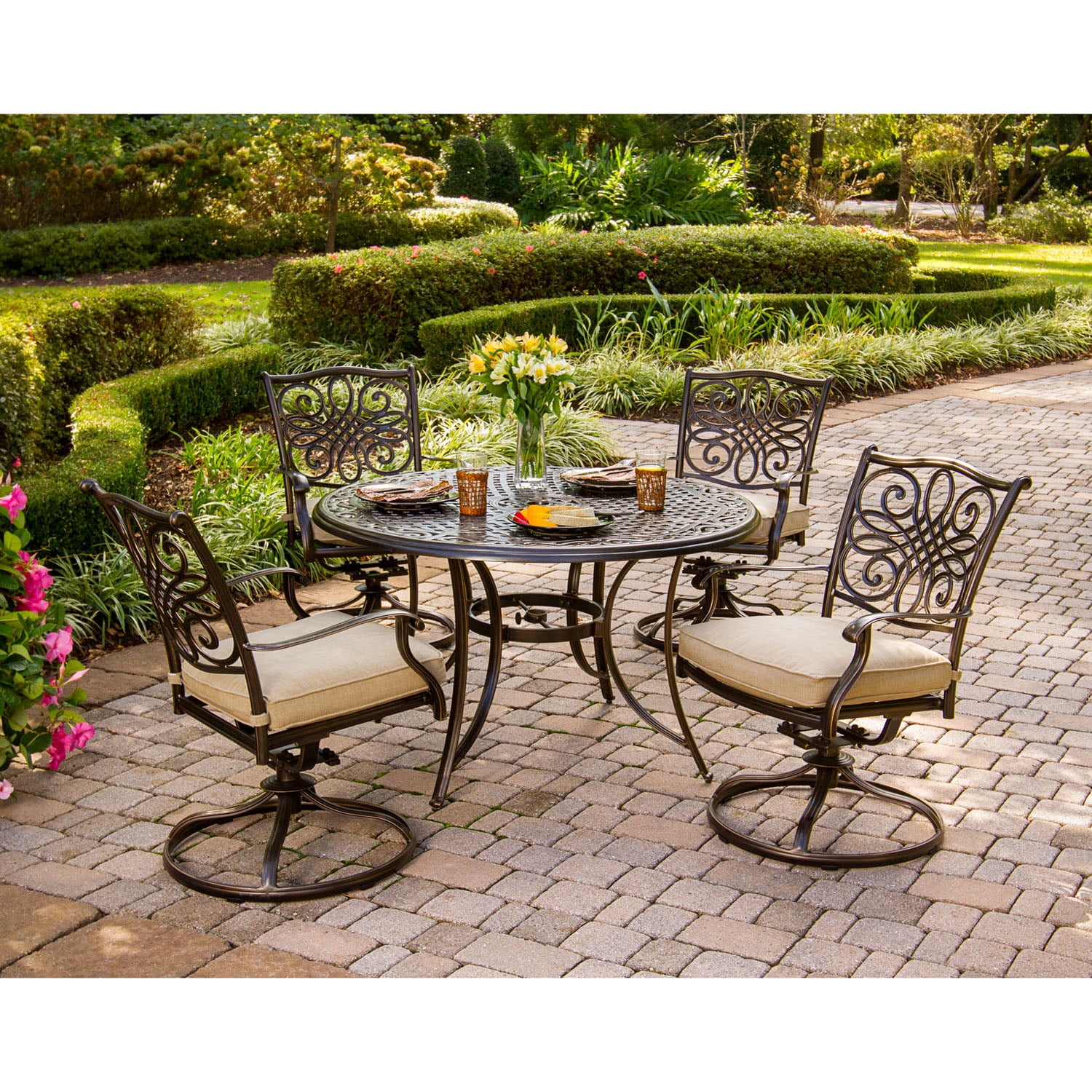 Cambridge Seasons 5-Piece Dining Set in Tan with Four Swivel Rockers