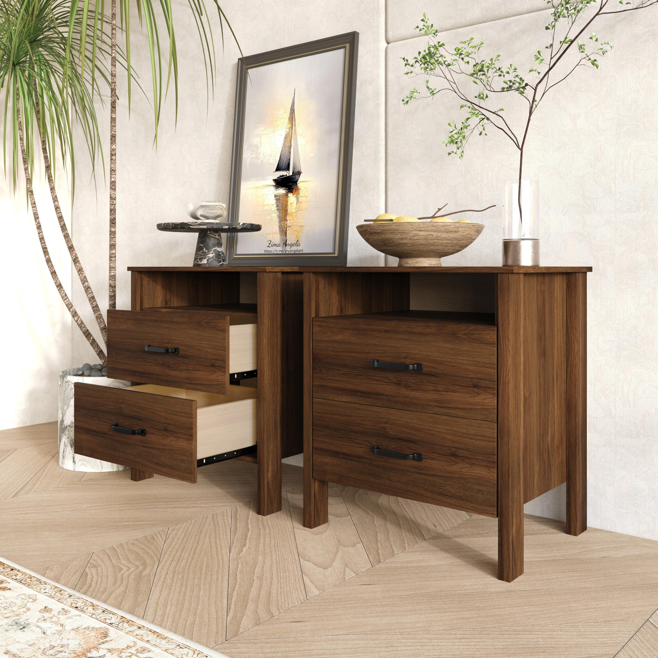 Home Design Alamosa Nightstand with Two Drawers and Open Shelf, Space-Saving Design, Brown (Set of 2)
