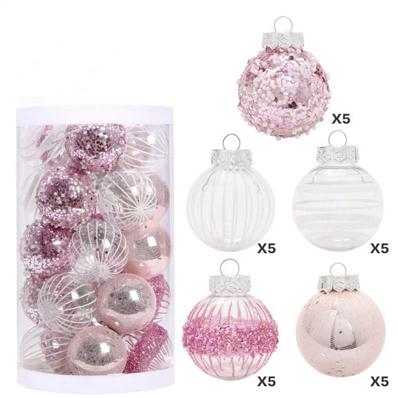 geerera 25Pcs Pink Christmas Ornaments Sets, Pink Clear Xmas Baubles for Christmas Tree Ornaments, Shatterproof Christmas Hanging Balls for Holiday Wedding Party