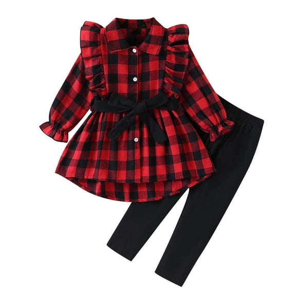 Bobifish Toddler Girls Outfit Sets Plaid Long Sleeve Ruffle Button Down Tie Top Pants 2 Piece Daily Wear Children Girls Sets