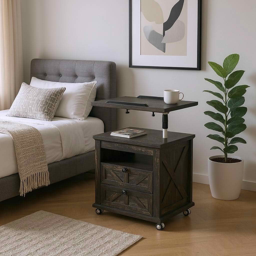 MAYEERTY Black Nightstand with Lockable Wheels, Multiple Storage Drawers USB Port for Living Room