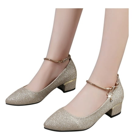 Dakaela Women s Dress Shoes Rhinestone Chunky Heel Pumps Ankle Buckle Formal Business Dance Shoe