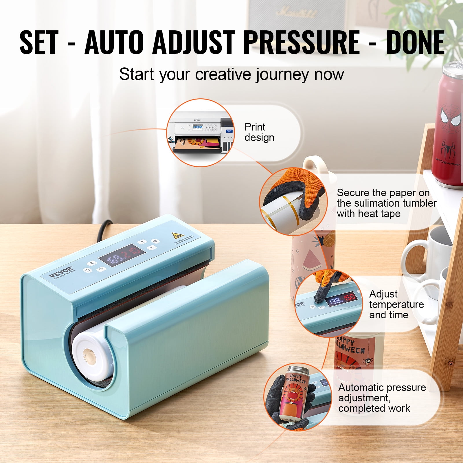 VEVOR Auto Tumbler Heat Press Machine, Mug Heat Press for 11-30oz Sublimation Tumblers, Heat Up Fast and Even, Tumbler Press with Tape and Glove, Temp and Time Setting, for Tumblers, Mugs, Blue