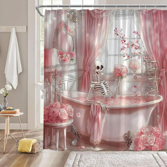 Halloween Skull Shower Curtain Funny Gothic Skull Skeleton in Bathtub Pink Flowers Modern Woman Girls Spooky Halloween Fabric Bathroom Blackout Decor Curtain with Hooks-72"W x 78"L (Pack of 1)